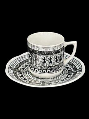 Vintage Greek Porcelain Demitasse Espresso Greek Coffee Blk Wht Cup and Saucer